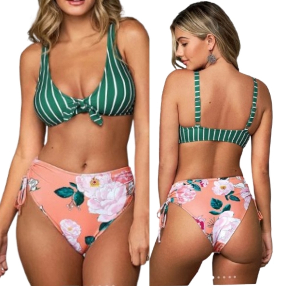 Cupshe Green White Striped Knotted Floral Mid Rise Drawstring Bikini Set Sz XXL